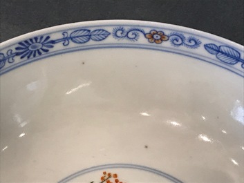 A pair of Chinese doucai bowls with floral famille rose medallions, 4-character mark, 19/20th C.