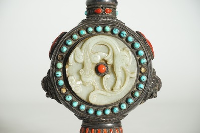 A Chinese Mongolian style jade-inlaid silver flask and stopper, 19th C.