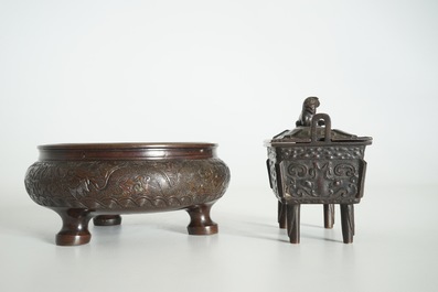 Two Chinese bronze incense burners, one with cover, 19/20th C.