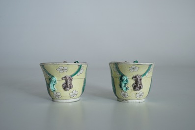 A pair of Chinese verte biscuit libation cups, 18/19th C.