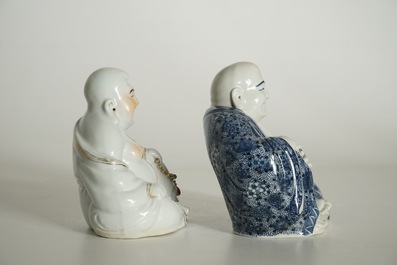 Two Chinese blue and white and polychrome figures of Buddha, marked, 19/20th C.