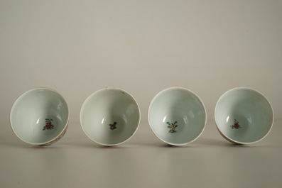 Four Chinese famille rose cups and saucers with animals in medallions, Yongzheng/Qianlong