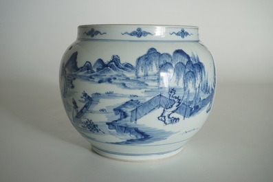 A Chinese blue and white globular bowl with figures in a landscape, Kangxi
