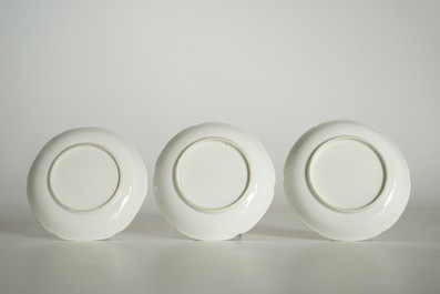 Three blanc de Chine cups and saucers with floral anhua design, Yongzheng/Qianlong