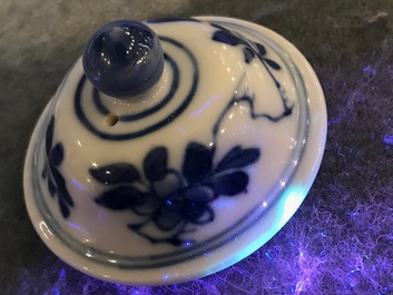 Een Chinese blauwwitte theepot met lange lijzen, Yu merk, Kangxi