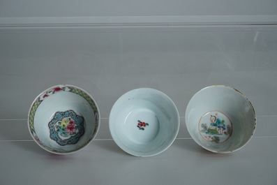 Thirty-three Chinese famille rose cups and twenty-two saucers, Yongzheng/Qianlong