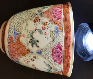 Four Chinese famille rose cups and saucers with animals in medallions, Yongzheng/Qianlong