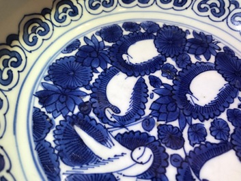 A Chinese blue and white bowl with figures, Kangxi, and a klapmuts crane bowl, probably Wanli