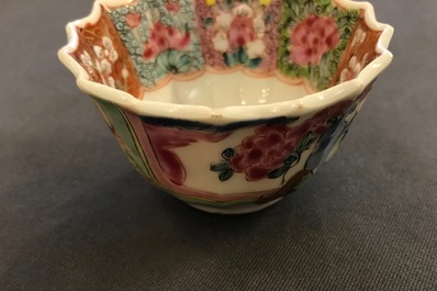 A Chinese lobed famille rose cup and saucer, Yongzheng