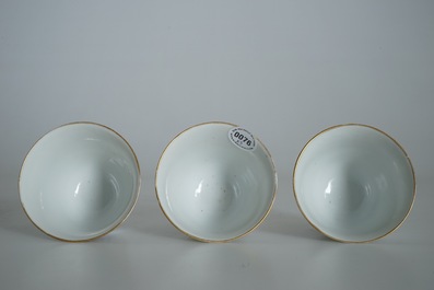 Three Chinese famille rose Wu Shuang Pu cups and saucers , 19th C.