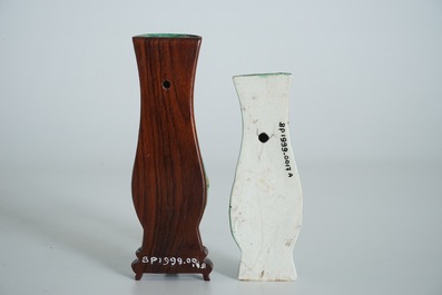 Two Chinese famille verte biscuit wall vases, Kangxi