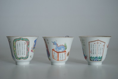 Three Chinese famille rose Wu Shuang Pu cups and saucers , 19th C.