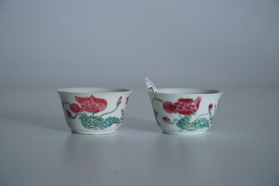 Two Chinese famille rose cups and three saucers with floral design, Yongzheng/Qianlong