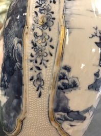 A garniture of three Chinese blue and white covered vases with landscape design, Qianlong