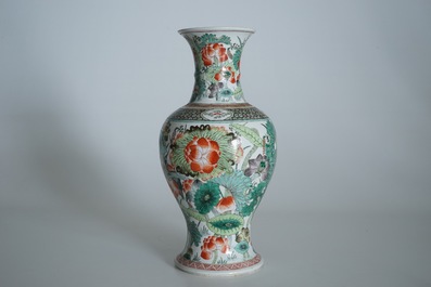 Two Chinese famille verte vases with birds, 19/20th C.