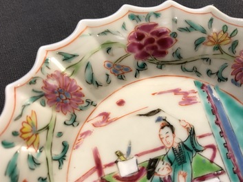 A pair of Chinese lobed famille rose cups and saucers with Magu, Yongzheng