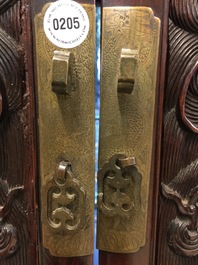 A Chinese two doors cabinet in hongmu and huanghuali with zitan dragon panels, 18/19th C.