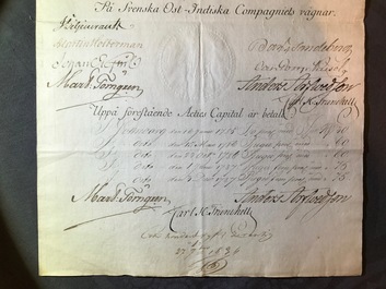 Three shares of the Ostend East India Company and two of the Swedish East India Company, 18th C.