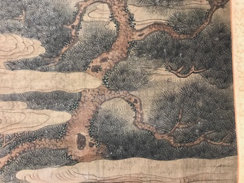 A Chinese silk scroll painting of a garden scene, signed, 18/19th C.