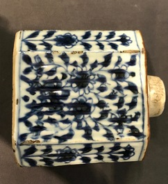 A Chinese Dehua blanc de Chine temple lion, a vase and a blue and white tea caddy, Kangxi and later