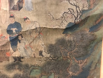 A Chinese silk scroll painting of a garden scene, signed, 18/19th C.