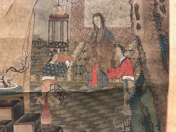 A Chinese silk scroll painting of a garden scene, signed, 18/19th C.