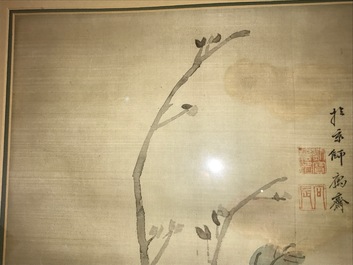 Une peinture chinoise sur soie figurant des pivoines, 19&egrave;me