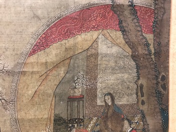 A Chinese silk scroll painting of a garden scene, signed, 18/19th C.