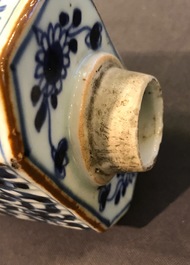 Een Chinese Dehua blanc de Chine tempelleeuw, een vaasje en een blauwwitte theebus, Kangxi en later