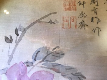 A Chinese silk painting depicting peony flowers, 19th C.