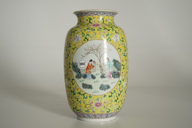 A Chinese yellow-ground famille rose vase, Qianlong mark, 19/20th C.