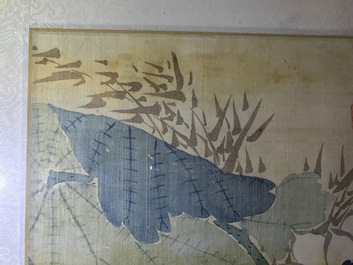 Een set van vier Chinese aquarellen van vogels bij bloesemtakken en kalligrafie, in kader, 19e eeuw