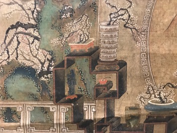 A Chinese silk scroll painting of a garden scene, signed, 18/19th C.