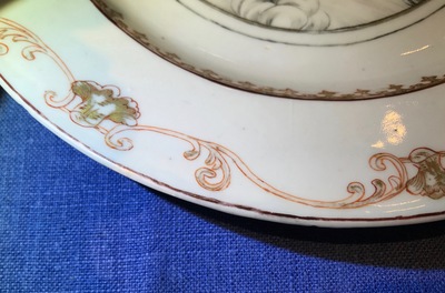A pair of Chinese grisaille plates with erotical subject and a pair of Meissen style plates, Qianlong