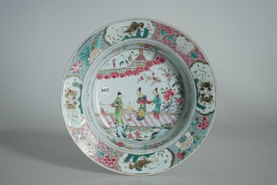 A deep Chinese famille rose plate with figures on a bridge, Yongzheng
