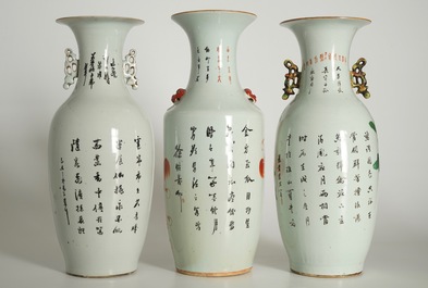 Three tall Chinese famille rose and iron-red vases, 19/20th C.