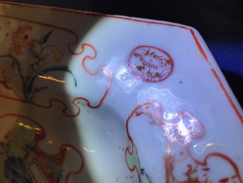 Two Chinese famille rose hexagonal dishes with mandarin designs, Qianlong