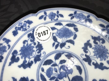 A Chinese blue and white bowl with flowers and fruits, 19th C.