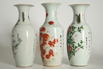 Three tall Chinese famille rose and iron-red vases, 19/20th C.