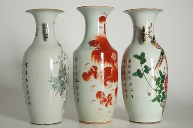 Three tall Chinese famille rose and iron-red vases, 19/20th C.