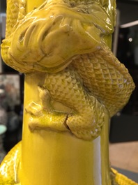 A tall Japanese Awaji monochrome yellow vase with applied dragon, Meiji, ca. 1900