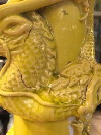 A tall Japanese Awaji monochrome yellow vase with applied dragon, Meiji, ca. 1900