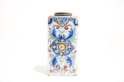 A polychrome Dutch Delft black-enhanced tea caddy, 2nd half 17th C.