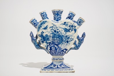 A Dutch Delft blue and white heart-shaped tulip vase, 1st half 18th C.