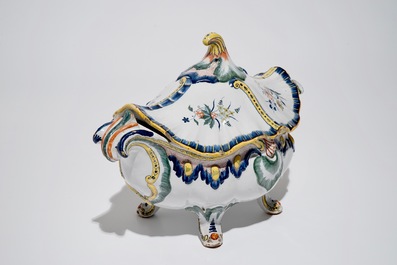 A polychrome Brussels faience Rococo tureen and cover, 18th C.