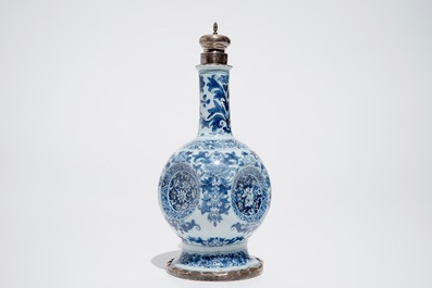 An indented Dutch Delft blue and white silver-mounted vase, Samuel van Eenhoorn, 1678 - 1686