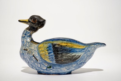 A polychrome duck-shaped sauce boat, Northern France, 18th C.