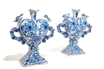 A pair of Delft style blue and white heart-shaped tulip vases, Nurnberg, Germany, 18th C.