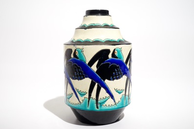 An art deco crackle glazed vase with swallows, Charles Catteau for Boch K&eacute;ramis, 1st half 20th C.