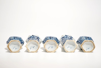 A small Dutch Delft blue and white five-piece garniture, 18th C.